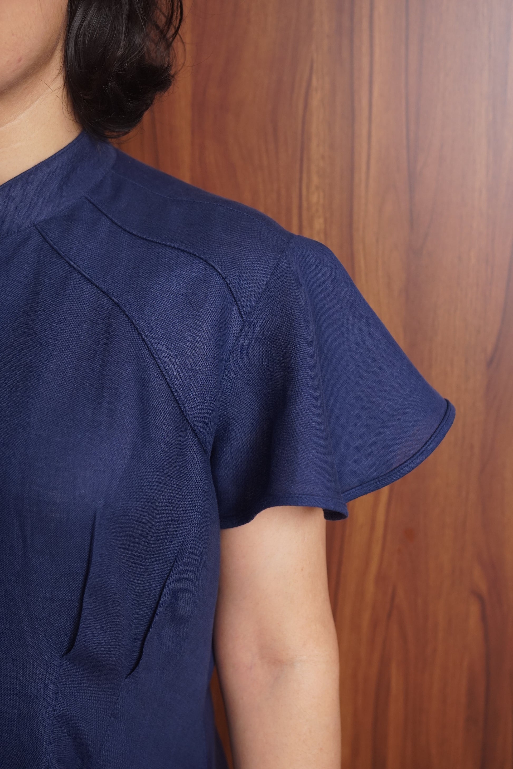 Frill Sleeve Navy Dress in Heritage Irish Linen