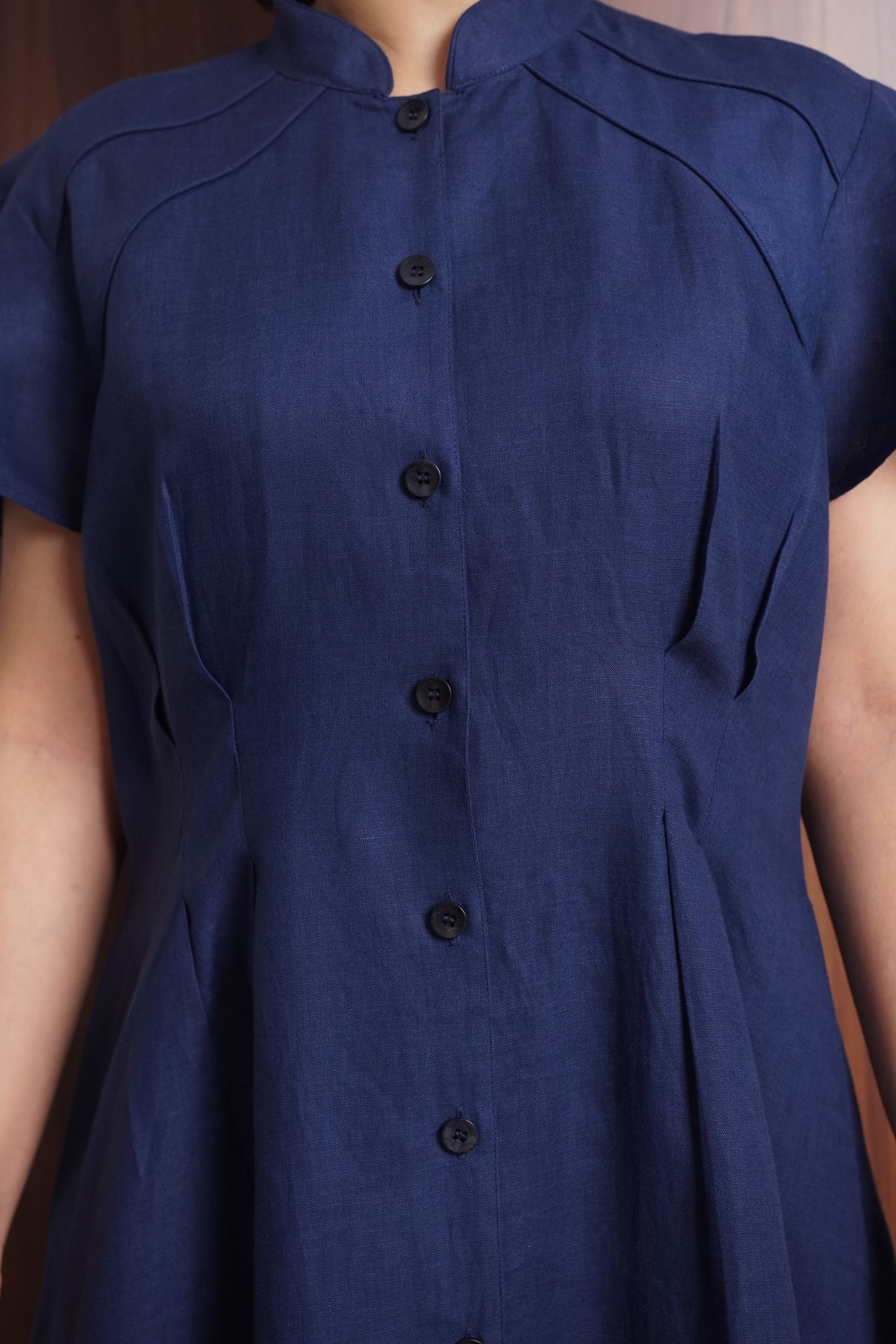 Frill Sleeve Navy Dress in Heritage Irish Linen
