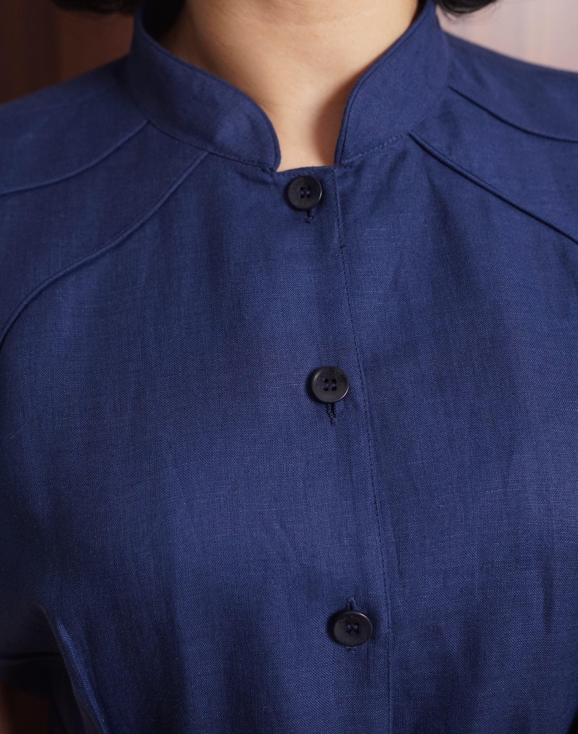 Frill Sleeve Navy Dress in Heritage Irish Linen