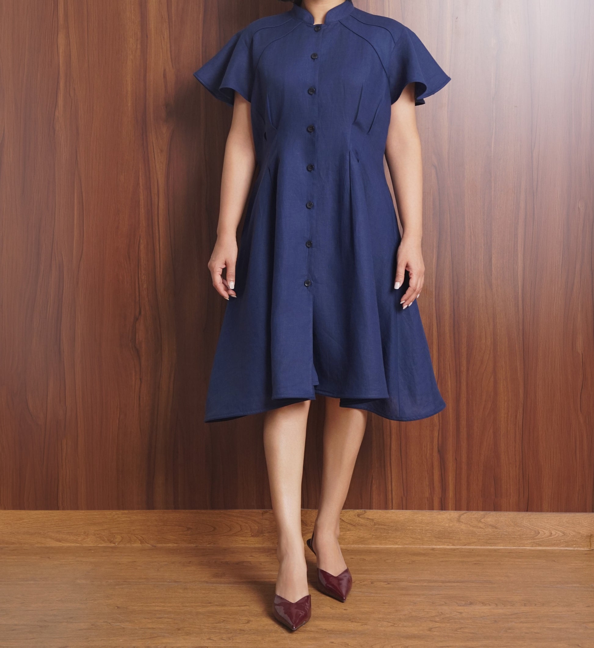 Frill Sleeve Navy Dress in Heritage Irish Linen